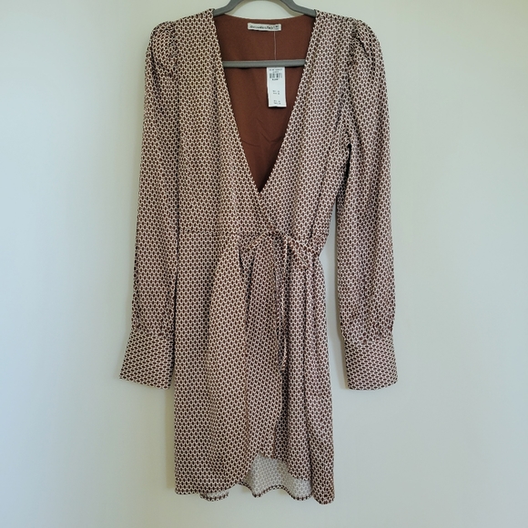 Abercrombie M Tall Mini Wrap Dress Brown Geometric Pattern Puff Long Sleeve - Picture 2 of 10